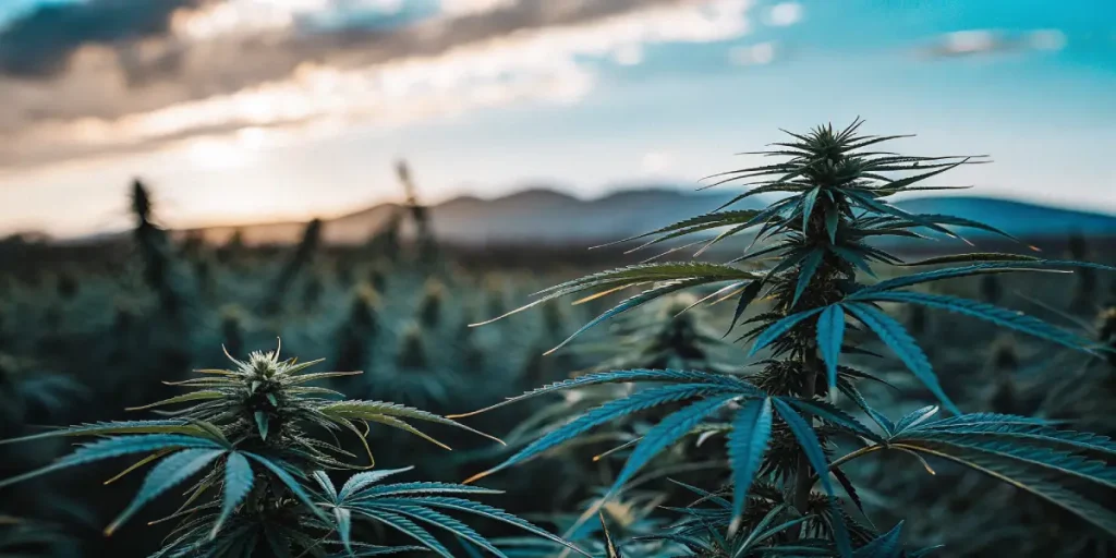 Plantation cannabis crepuscule paysage avec plantes vert fonce sous ciel bleu et rose.