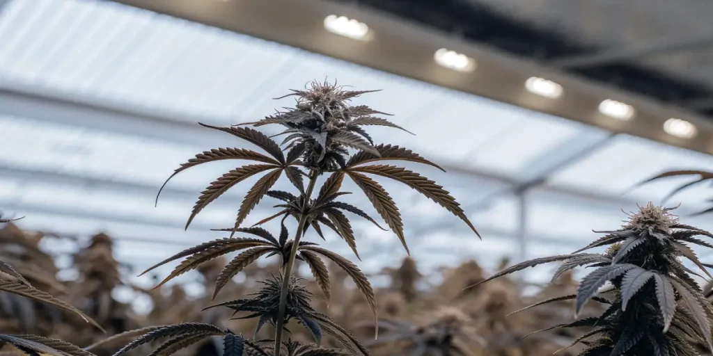 Plantation cannabis serre lumiere artificielle avec plante centrale en floraison et feuilles foncees.
