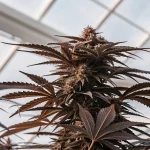 Plante de cannabis en floraison sous verrière de serre avec têtes résineuses visibles