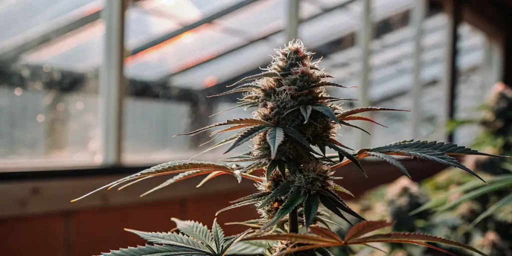 Plante cannabis floraison serre moderne avec gros bourgeon dense sous lumiere naturelle.