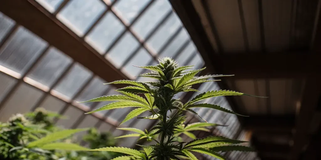 Plante de cannabis en floraison avec feuilles vertes sous une serre en verre et structure en bois.