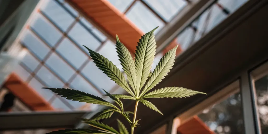 Plante cannabis serre architecture moderne eclairee par soleil a travers grandes vitres.