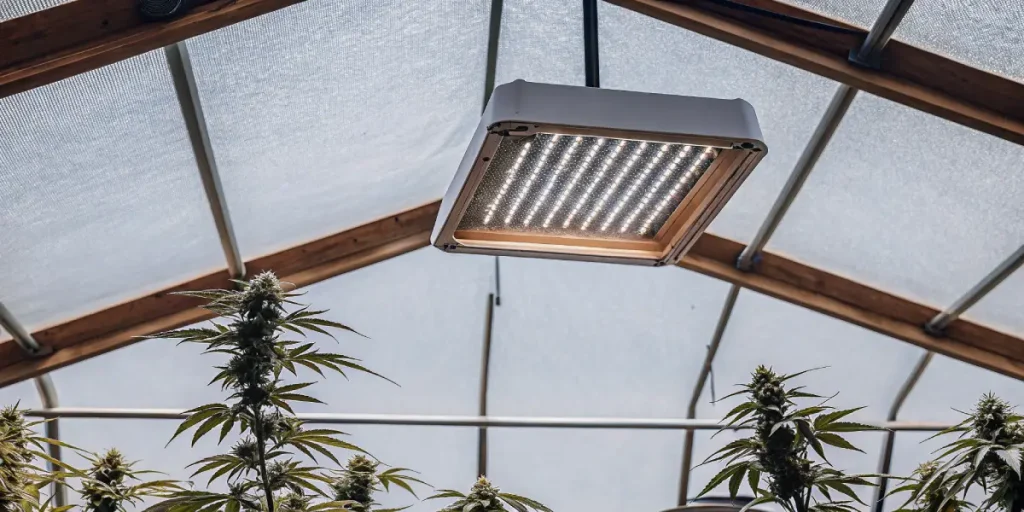 Plante de cannabis en croissance sous une verrière avec structure métallique rouge dans une serre moderne