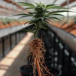 Plante de cannabis avec racines exposées cultivée en serre, montrant le développement du système racinaire.