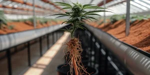 Plante de cannabis avec racines exposées cultivée en serre, montrant le développement du système racinaire.