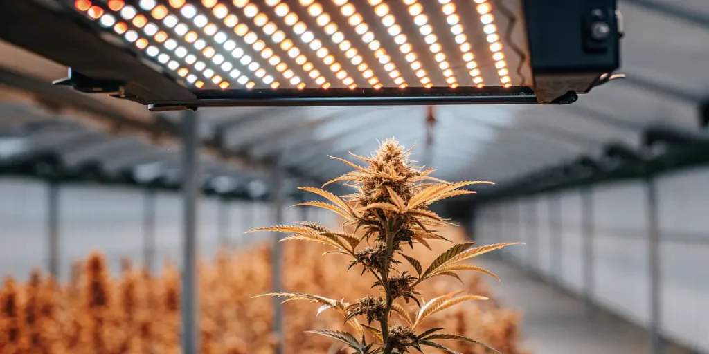 Plante de cannabis en floraison placée sous une lampe LED horticole dans une serre moderne à grande capacité de production.