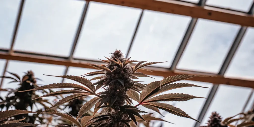 Plante de cannabis en floraison sous serre, montrant des feuilles brunies et des têtes compactes exposées à la lumière naturelle.