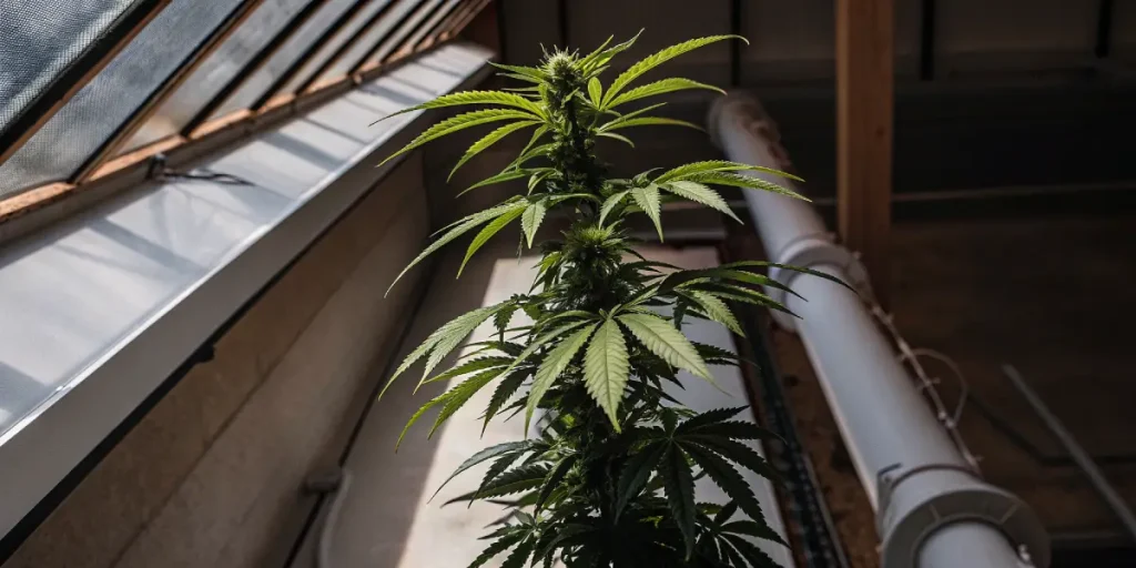 Plante de cannabis en culture intérieure, en phase de floraison, avec des têtes en formation et des feuilles vertes vigoureuses.