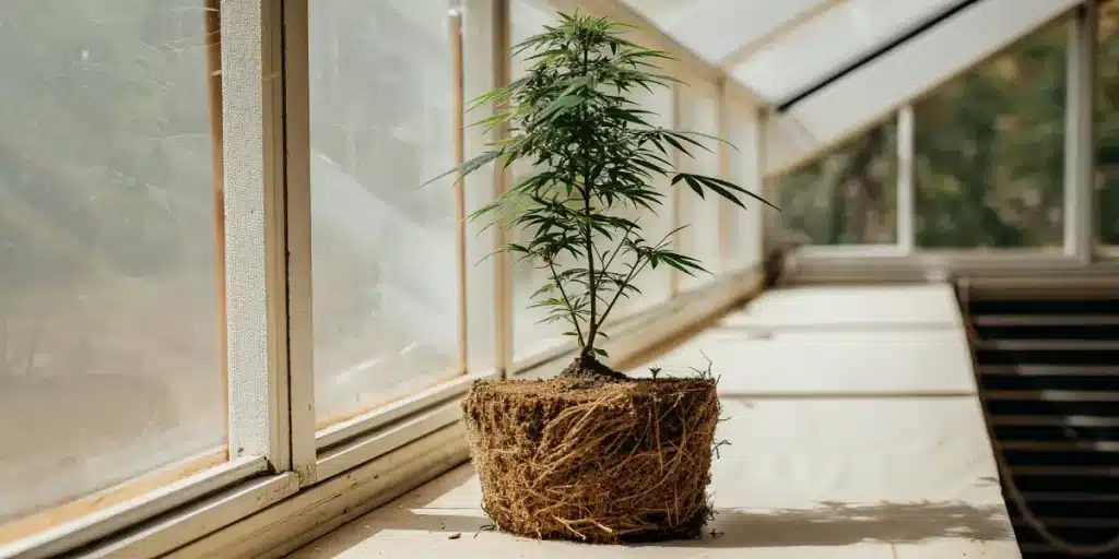 Plante de cannabis cultivée en serre avec motte de racines apparentes posée sur une surface lumineuse.