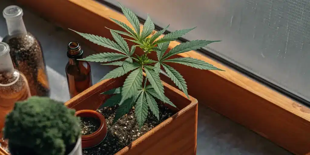 Jeune plante de cannabis en pot, cultivée en intérieur près d’une fenêtre avec des flacons et substrat visibles.