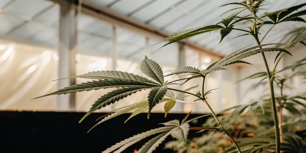 Plante de cannabis cultivée en serre sous éclairage artificiel, avec des feuilles saines et bien développées.