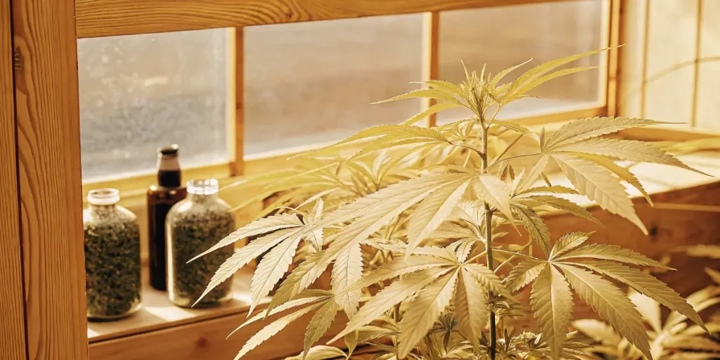 Plante de cannabis cultivée en serre, aux feuilles dorées baignées de lumière naturelle près d’une fenêtre en bois.