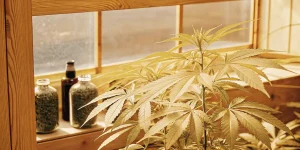 Plante de cannabis cultivée en serre, aux feuilles dorées baignées de lumière naturelle près d’une fenêtre en bois.