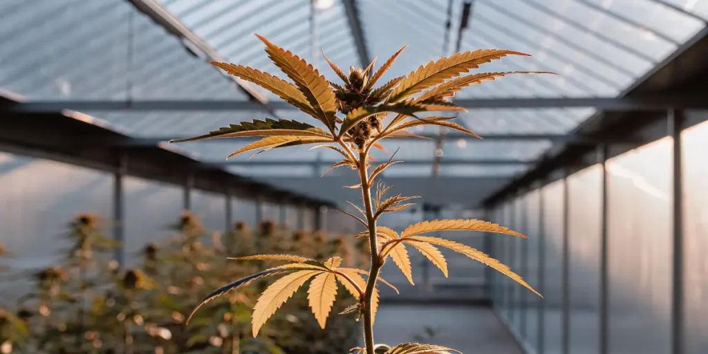Plante de cannabis en serre avec des feuilles dorées exposées à une lumière naturelle diffuse