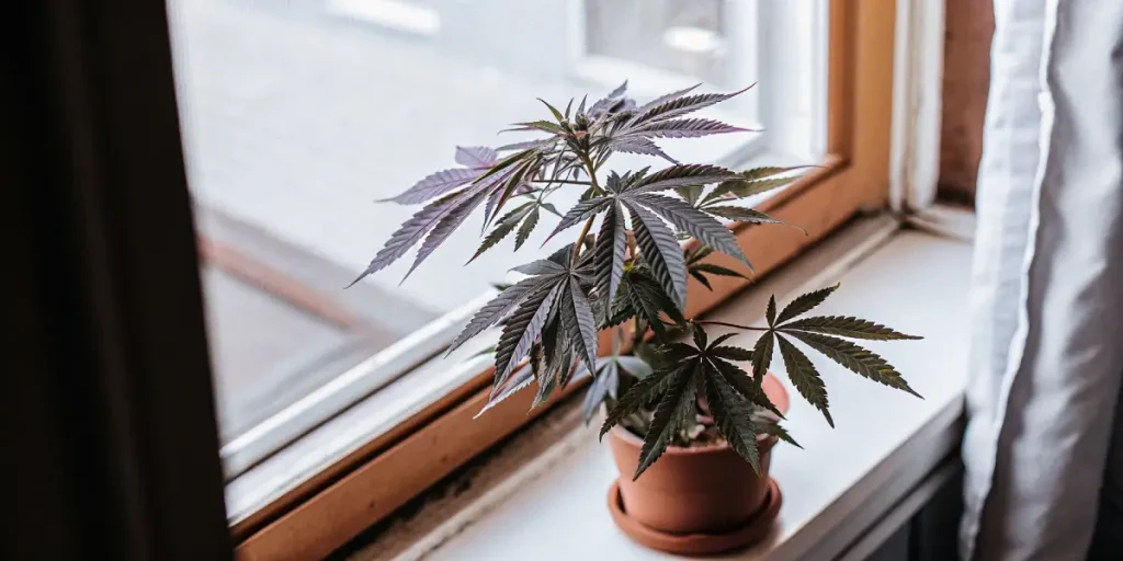 Plante de cannabis aux feuilles pourpres cultivée en pot près d’une fenêtre avec lumière naturelle diffuse.
