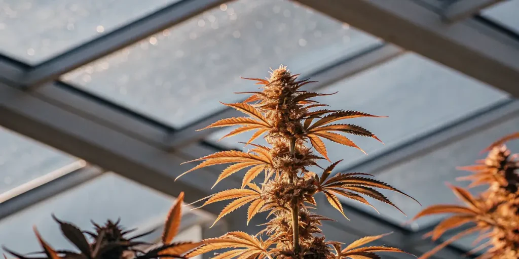 Plante de cannabis mature aux teintes oranges cultivée en serre, avec des fleurs résineuses proches de la récolte.