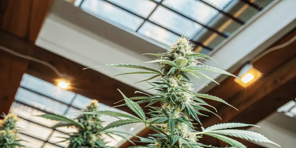 Plante de cannabis mature cultivée dans une serre moderne, avec un éclairage intérieur complémentaire et une structure en bois.