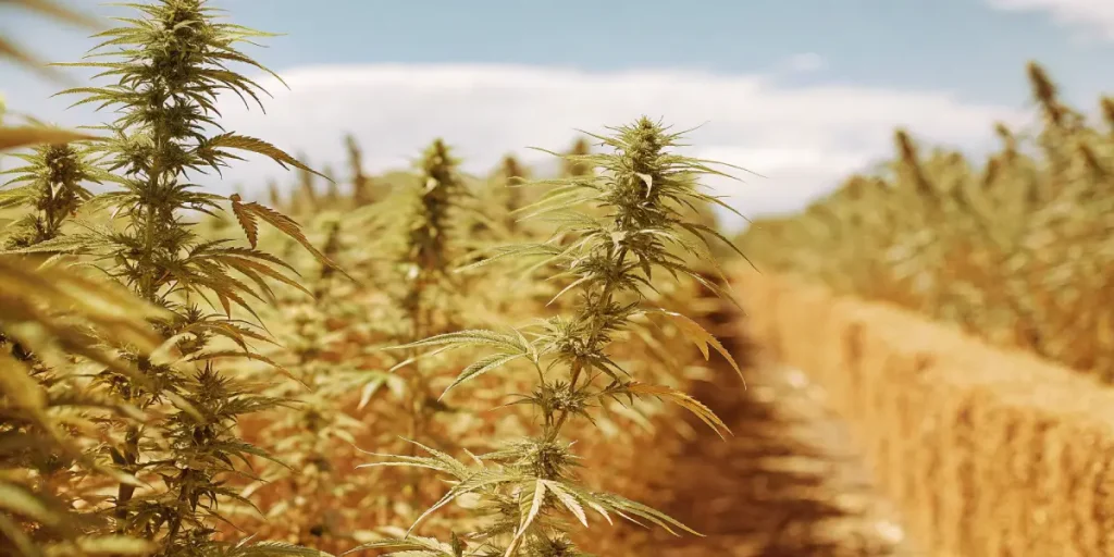 Plantes de cannabis matures en extérieur prêtes pour la récolte, cultivées dans un champ agricole ensoleillé.