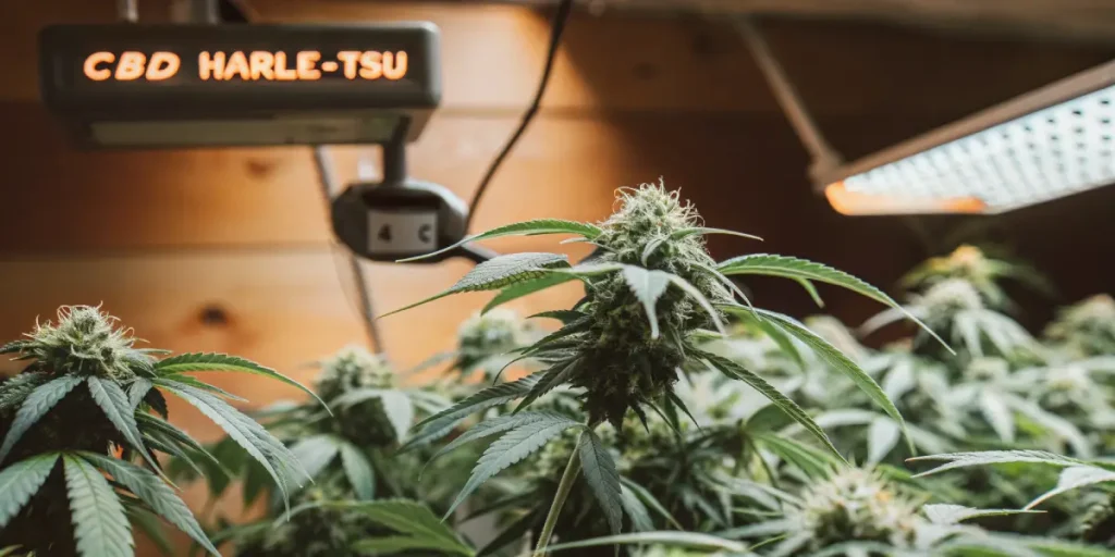 Plantes de CBD Harle-Tsu en floraison en intérieur, feuilles vert foncé et têtes résineuses sous lampes horticoles.
