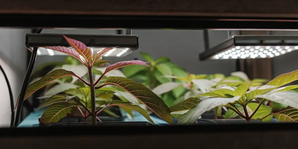 Plantes cultivées sous des lampes LED de croissance dans un environnement contrôlé