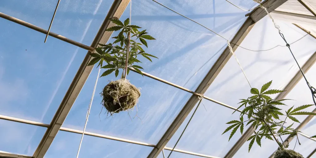 Plantes de cannabis suspendues avec racines aériennes exposées dans une serre, illustrant une culture avancée sans sol.