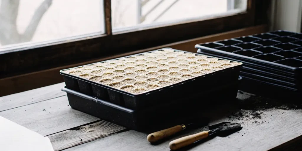 Plateau de semis rempli de substrat pour la germination de graines de cannabis, posé sur une table près d’une fenêtre.
