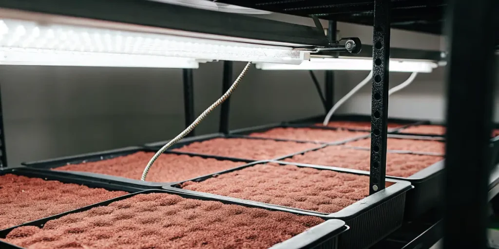 Plateaux de culture préparés avec substrat pour la germination de graines de cannabis, placés sous lampes LED dans un espace de culture intérieur contrôlé.