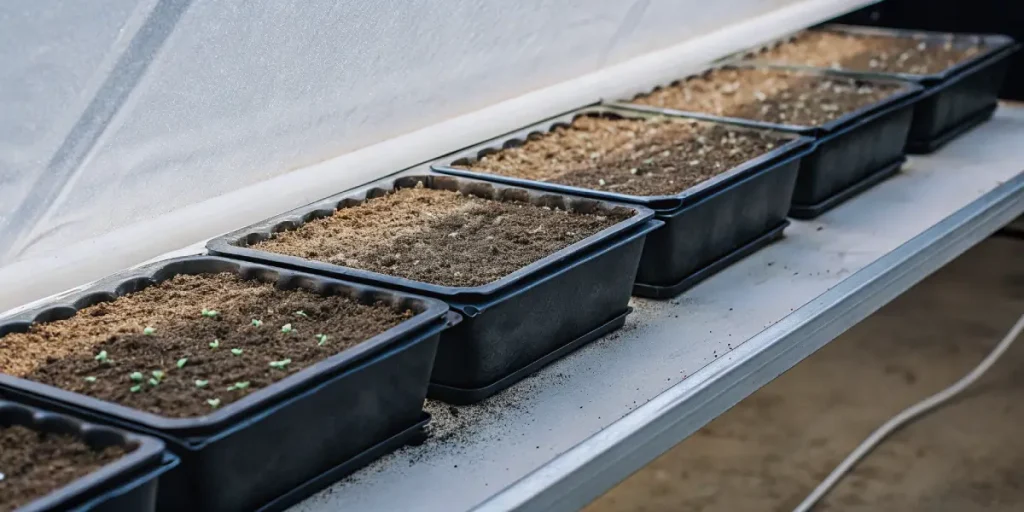 Plateaux de semis de cannabis avec jeunes pousses en germination dans une serre intérieure.