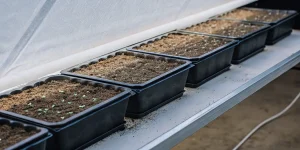 Plateaux de semis de cannabis avec jeunes pousses en germination dans une serre intérieure.