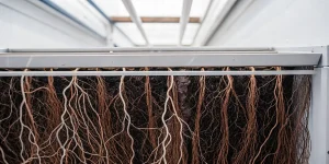 Racines de cannabis longues et denses visibles dans un bac de culture, illustrant une croissance racinaire profonde et structurée.