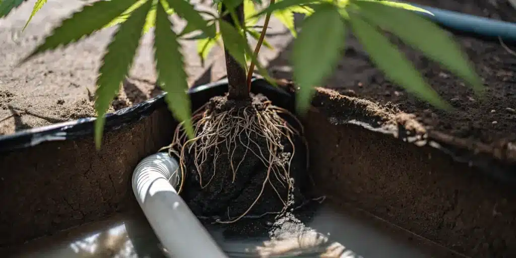 Racines cannabis systeme irrigation sol avec tuyau et motte humide en coupe.