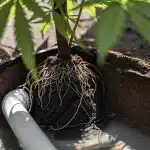 Racines cannabis systeme irrigation sol avec tuyau et motte humide en coupe.