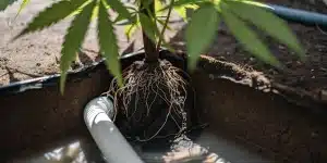 Racines cannabis systeme irrigation sol avec tuyau et motte humide en coupe.
