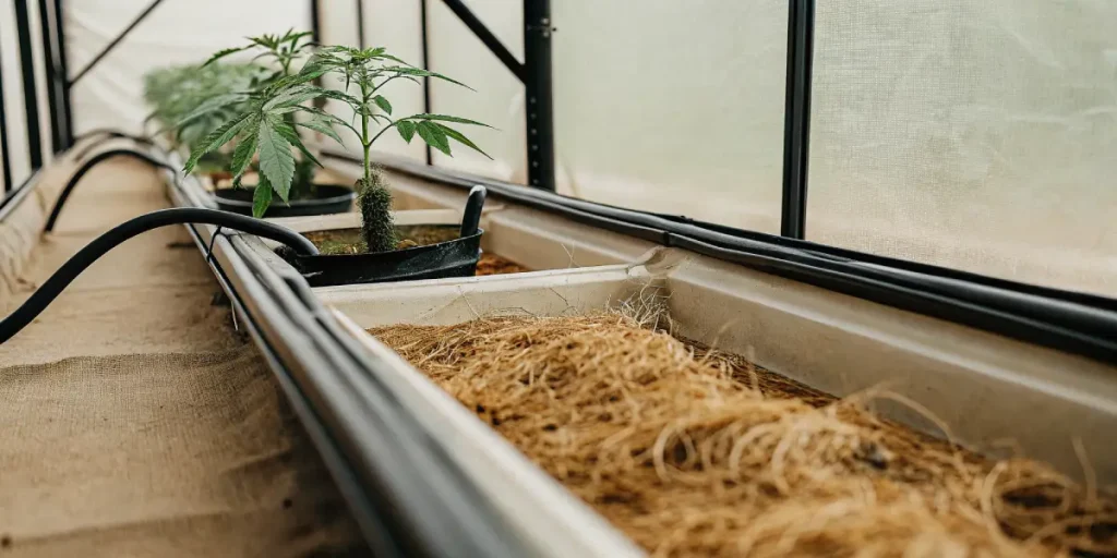 Racines de cannabis visibles dans un système de culture hydroponique en serre, montrant une absorption optimale des nutriments.