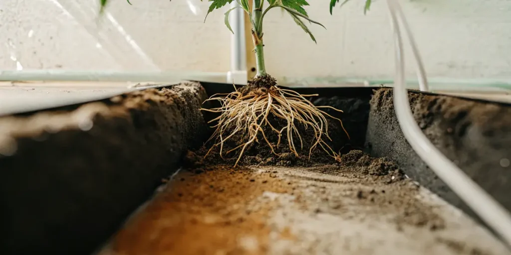Racines saines de plante de cannabis visibles sous le sol dans un environnement de culture contrôlé sous serre.