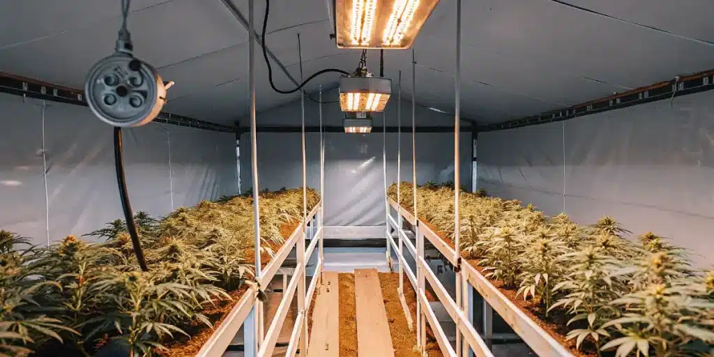 Salle de culture intérieure de cannabis sous éclairage HPS, rangées de plantes en floraison avec structure professionnelle.