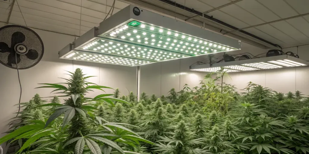 Salle de culture intérieure de cannabis sous LED, plantes en floraison avancée avec têtes denses et feuillage sain.