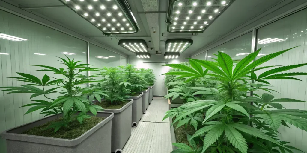Salle de culture intérieure de cannabis sous LED, plantes en phase de croissance avec feuillage vert sain.