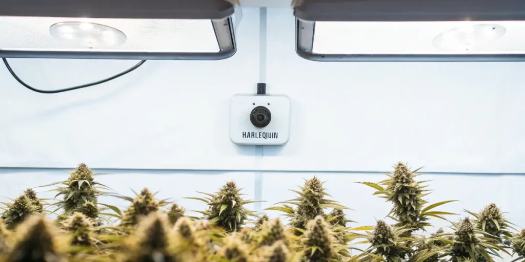 Salle de culture intérieure Harlequin CBD en floraison, alignement de plantes sous lampes horticoles puissantes.
