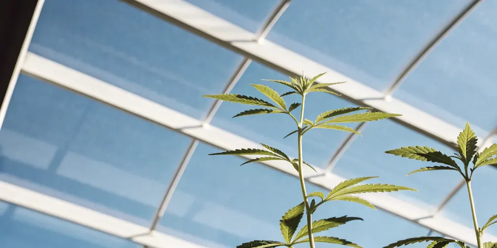 Jeune plant de cannabis en pleine croissance sous toit en verre dans une serre lumineuse