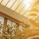 serre baignée de lumière naturelle avec des plantes en pleine croissance sous un toit vitré