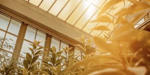 serre baignée de lumière naturelle avec des plantes en pleine croissance sous un toit vitré
