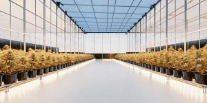 Serre high-tech avec longues rangées de plants de cannabis en pots noirs sous éclairage LED blanc uniforme