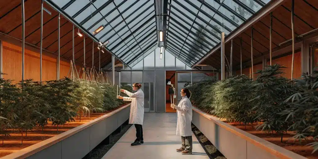 Serre high-tech avec des plantes de cannabis surveillées par des scientifiques en blouse blanche.