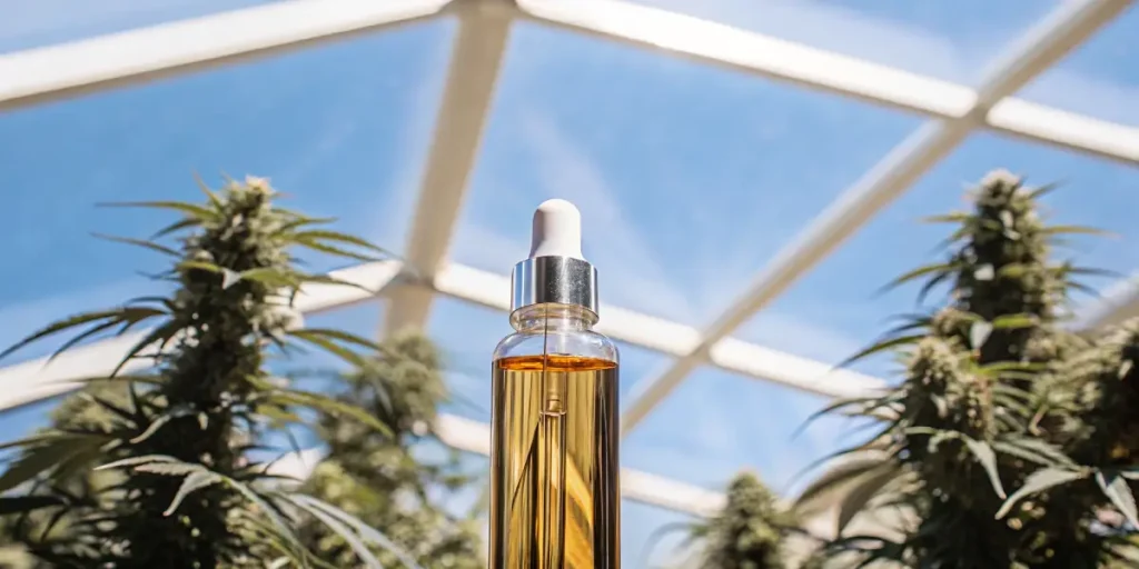 Récipient en verre rempli d’une solution liquide de cannabis devant des plantes cultivées en serre