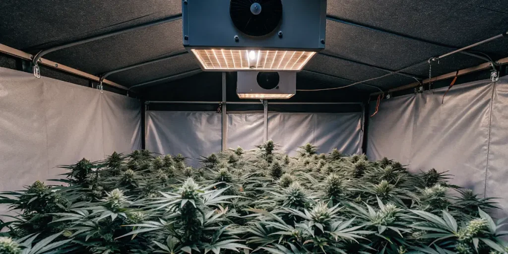 Tente de culture intérieure de cannabis sous LED, plantes en floraison avancée avec têtes compactes.