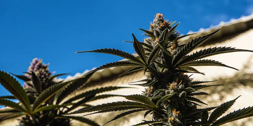 Tête de cannabis mature cultivée en extérieur, avec feuilles résineuses et fleurs denses sous un ciel bleu dégagé.
