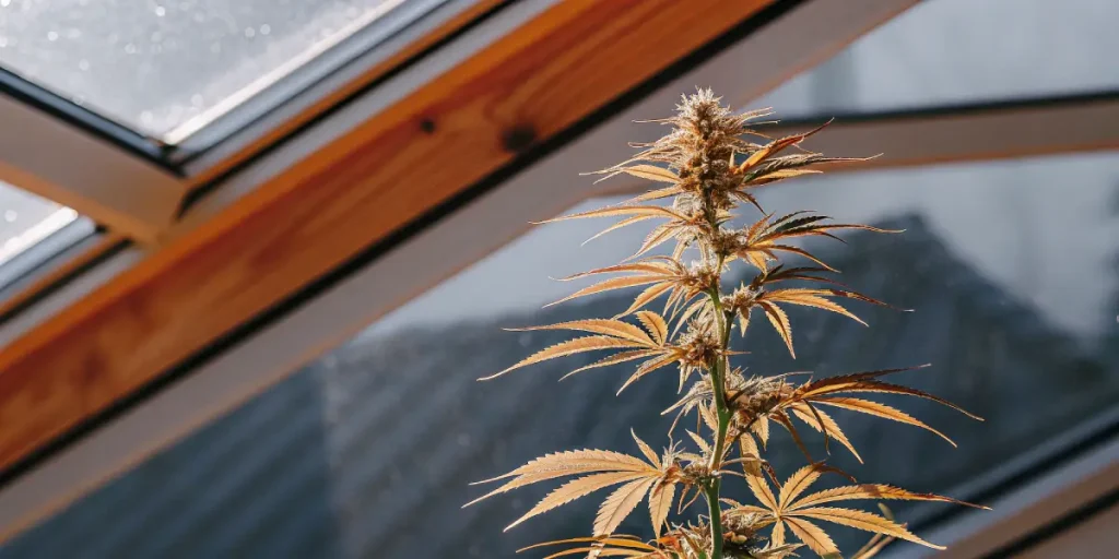 Tête principale de cannabis en floraison avec feuilles dorées, cultivée sous serre et exposée à la lumière naturelle.
