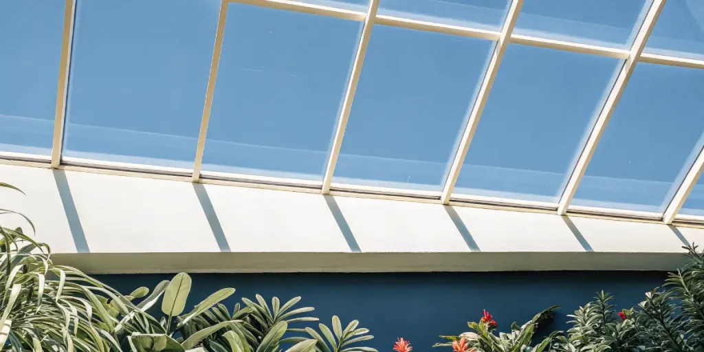 Toit vitré d’une serre moderne laissant entrer la lumière du soleil au-dessus de plantes tropicales verdoyantes.