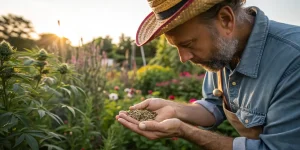 Agriculteur examinant des graines ou herbes de cannabis dans un jardin.